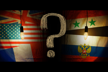 Flags of America, Britain, France opposite the flags of Syria and Russiaの写真素材