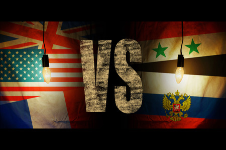 Flags of America, Britain, France opposite the flags of Syria and Russiaの写真素材