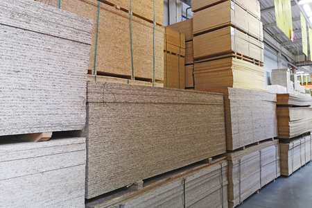 Warehouse of lumber in a large supermarket. Sale of sawn timberの写真素材