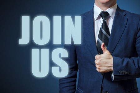 Businessman thumbs up with text Join Us. Businessman showing thumbs up for the phrase Join Usの写真素材