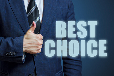 Businessman thumbs up with Best choice text. Businessman showing thumbs up for the phrase Best choiceの写真素材