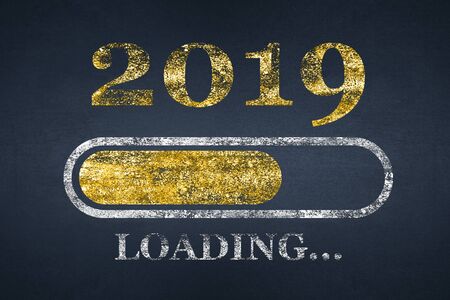 Progress bar showing loading of 2019. New Year loading. Chalk Drawing. New year 2019 loading on Blackboardの写真素材