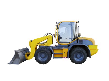 Yellow wheel loader isolated on white. Yellow front loader. Loading shovel. Industrial vehicle. Pneumatic truck. Tractor front loader. Manufacturing equipmentの写真素材