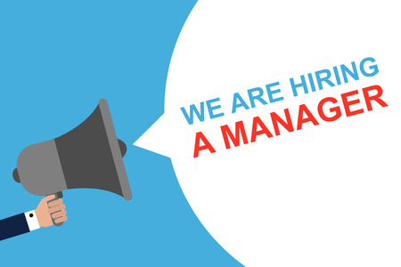 Hand Holding Megaphone With Speech Bubble WE ARE HIRING A MANAGER. Announcement and illustrationの写真素材