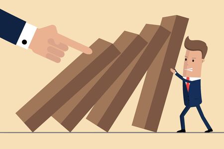 Businessman trying to stop falling domino. Business crisis management and solution concept. Concept of risk. Vector illustrationのイラスト素材
