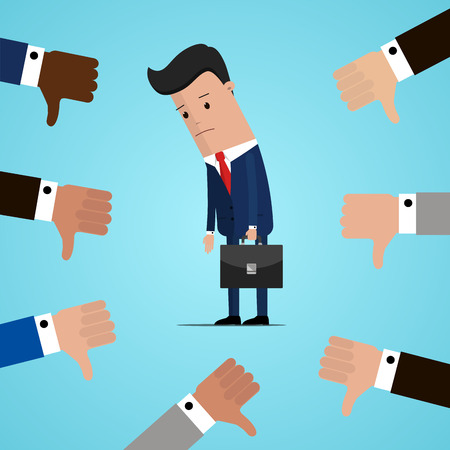 Unsuccessful and sad businessman and many hands with thumbs down. Dislikes and negative feedback concept. Vector illustrationのイラスト素材
