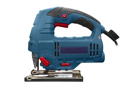Professional electric jig saw isolated on white background. A jigsaw power tool isolated on white background. Electric jig saw. Professional electric jig saw isolated on white backgroundの写真素材