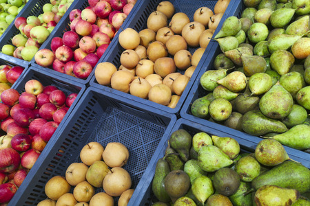 Bunch of red and green apples on boxes in supermarket. Red and green apples at the farmers market. Apples being sell at public marketの写真素材