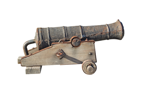 Old medieval artillery canon on white. Old cast iron isolated on whiteの写真素材