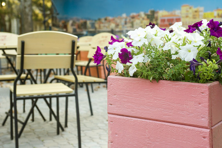 Cafe with tables and chairs in street. Cozy street with flowers and tables of cafeの写真素材
