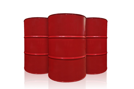 Red oil barrels isolated on white. Three red barrels isolated on whiteの写真素材