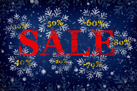 Winter sale poster. Winter sale banner with red sale text and snowflakes with discount percentages. Winter sale inscription with snowflakesの写真素材