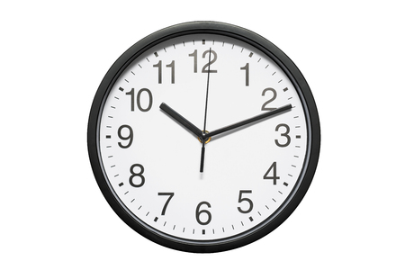 Black office wall clock with white dial on white background. Black office wall clock isolated on white backgroundの写真素材