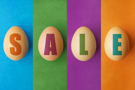 Easter sale offer, banner template. Eggs with lettering on colored background. Easter eggs sale. Spring shop market poster designの写真素材