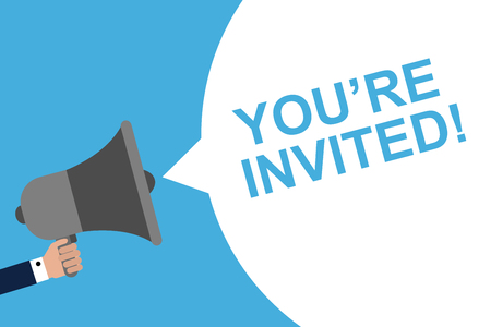 Hand Holding Megaphone With Speech Bubble YOU ARE INVITED. Announcement. Vector illustrationのイラスト素材