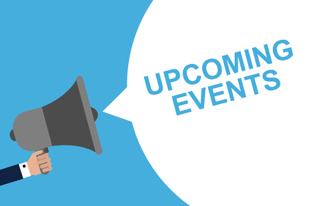 Hand Holding Megaphone With Speech Bubble UPCOMING EVENTS. Announcement. Vector illustrationのイラスト素材