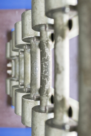 Rows of dumbbells in the gym. Dumbbell set. Many metal dumbbells on rack in sport fitness center. Top viewの写真素材