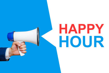 Male hand holding a megaphone with Happy Hour bubble. Speaker. Banner for business, marketing and advertising.の写真素材
