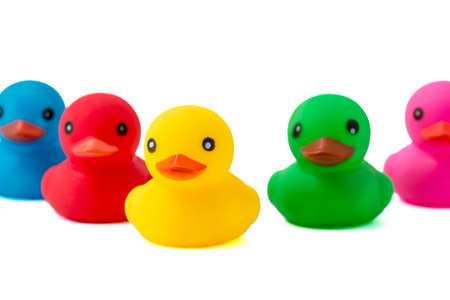 Five multi-colored rubber ducks on white background. Rubber ducks isolated over white.の写真素材