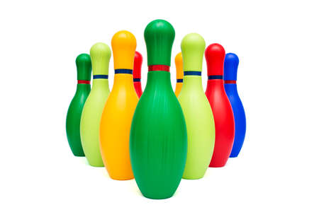 Colorful standing bowling pins, skittles isolated on white background. Group of bowling pins isolated on white background.の写真素材