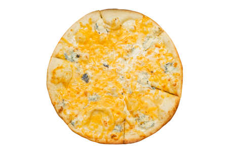 Delicious pizza Four Cheeses with cheddar, parmesan, mozzarella isolated on white. Pizza Margarita top view.の写真素材