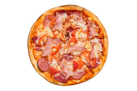 Ham and sausage pizza on white background. Recipe and menu. Top view. Delicious, flavorful pizza isolated on white background.の写真素材