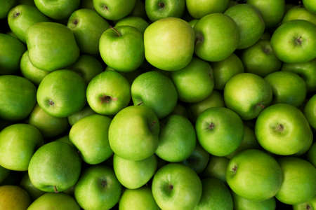 Green apples background. Beautiful green apples at the market.の写真素材