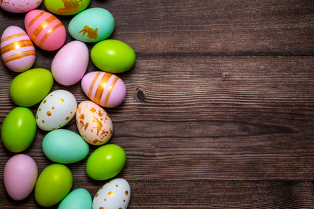 Easter eggs on wooden background. Colorful Easter eggs on a wooden background of boards.の写真素材