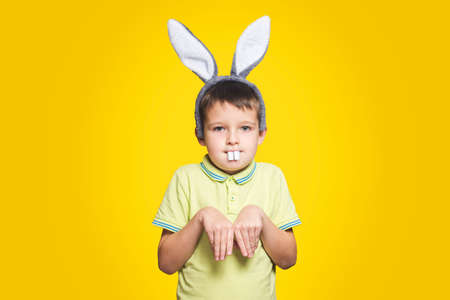 Little boy is acting as a little easter bunny on yellow background. A child is wearing bunny ears and teeth on Easter day.の写真素材