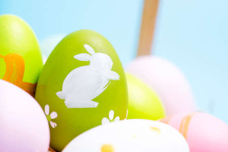 Easter Eggs. Easter eggs in basket. Colorful easter eggs background.の写真素材