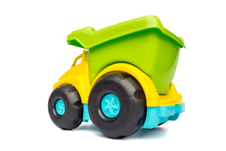 Color toy car. Colorful toy truck isolated on white background. Plastic car.の写真素材