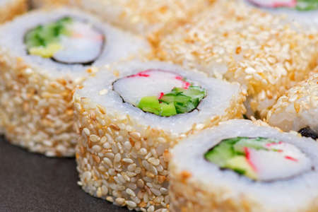 Sushi roll japanese food in restaurant. Japanese food. Japan restaurant menu.の写真素材