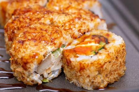 Sushi roll japanese food in restaurant. Japanese food. Japan restaurant menu.の写真素材
