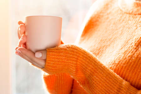 Female hands with hot drink. A young woman in orange sweater holding cup of tea or coffee near...