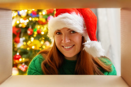 Young woman opening Christmas present, view from inside the boxの写真素材