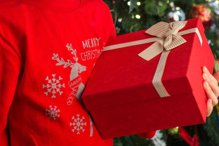 Little child by the Christmas tree with his Christmas giftの写真素材