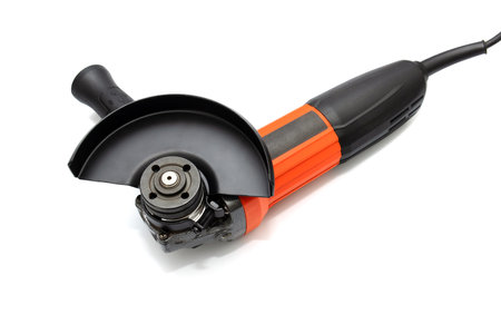 Handheld electric power tool. Powerful angle grinder on white backgroundの写真素材