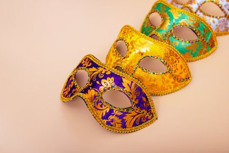 Carnival masks on color background. Purim celebration concept .Carnivalの写真素材