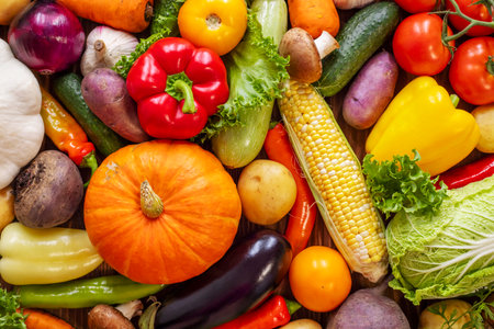 Assortment of the fresh ripe vegetables on wooden backgroundの写真素材