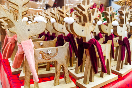 Deer animal toys for sale in a souvenir shop. Traditional wooden toys deerの写真素材