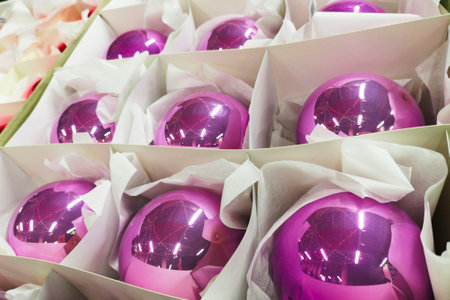 Christmas glass toys balls of red. Christmas trees toys for saleの写真素材