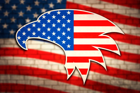 American flag on brick wall with patriotic symbols of the USAの写真素材