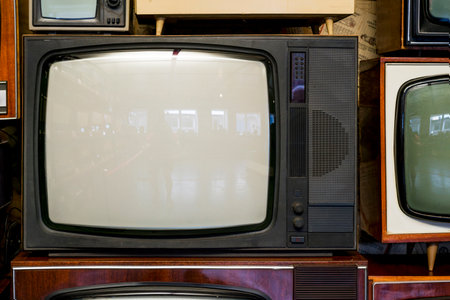 Vintage television set at shop. Old television placed in electrical storesの写真素材