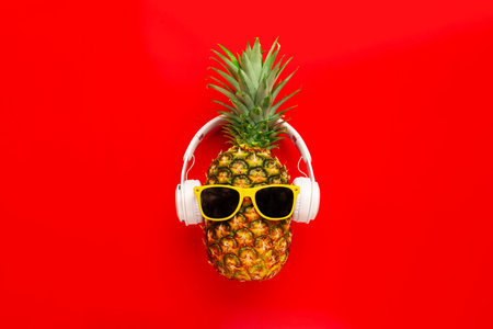 Ripe pineapple with sunglasses and headphones on red background