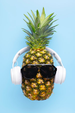 Ripe pineapple with sunglasses and headphones on blue backgroundの写真素材
