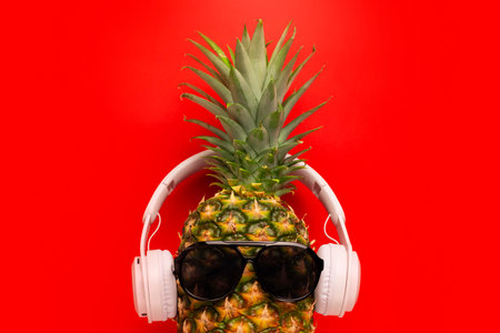Ripe pineapple with sunglasses and headphones on red backgroundの写真素材
