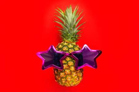 Pineapple with sunglasses on red background. Pineapple in star glasses.の写真素材