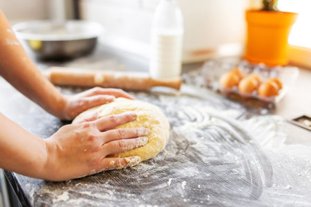 Womens hands kneading dough on table sprinkle with flour. Kneading doughの写真素材