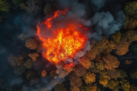 Top view of raging forest fire. Rapidly spreading wildfireの素材