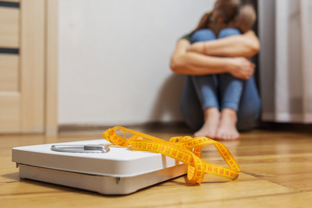 White scale and depression, upset and sad woman with measuring tape on floorの写真素材